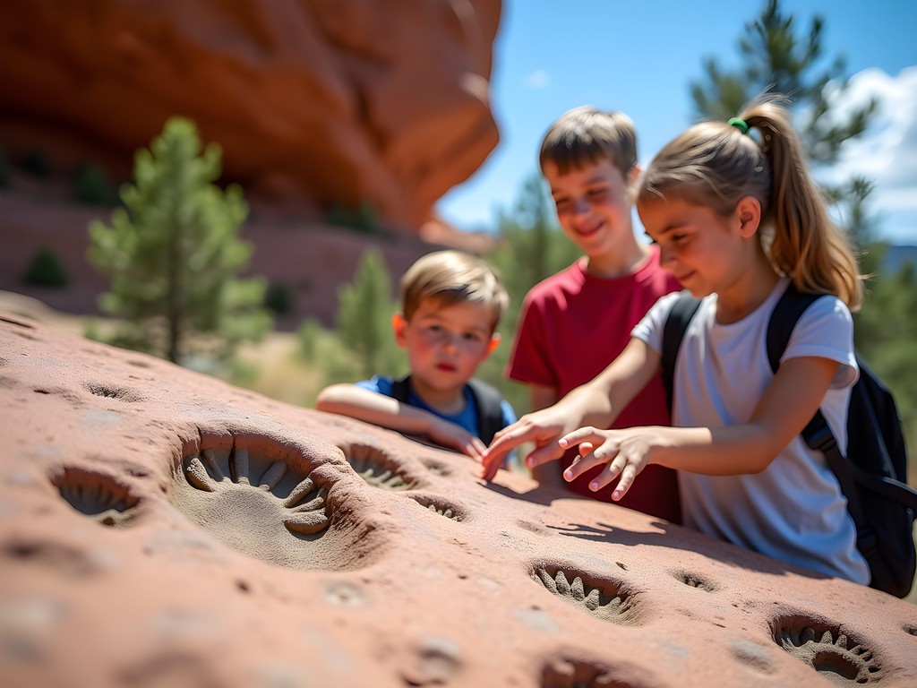 Family examining dinosaur footprints at Dinosaur Ridge Lakewood Colorado
