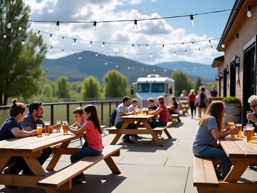 Family enjoying outdoor patio at craft brewery in Lakewood Colorado