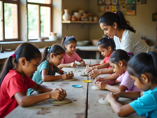 Children learning traditional Paraguayan ceramic techniques at Taller Ñandutí in Lambaré