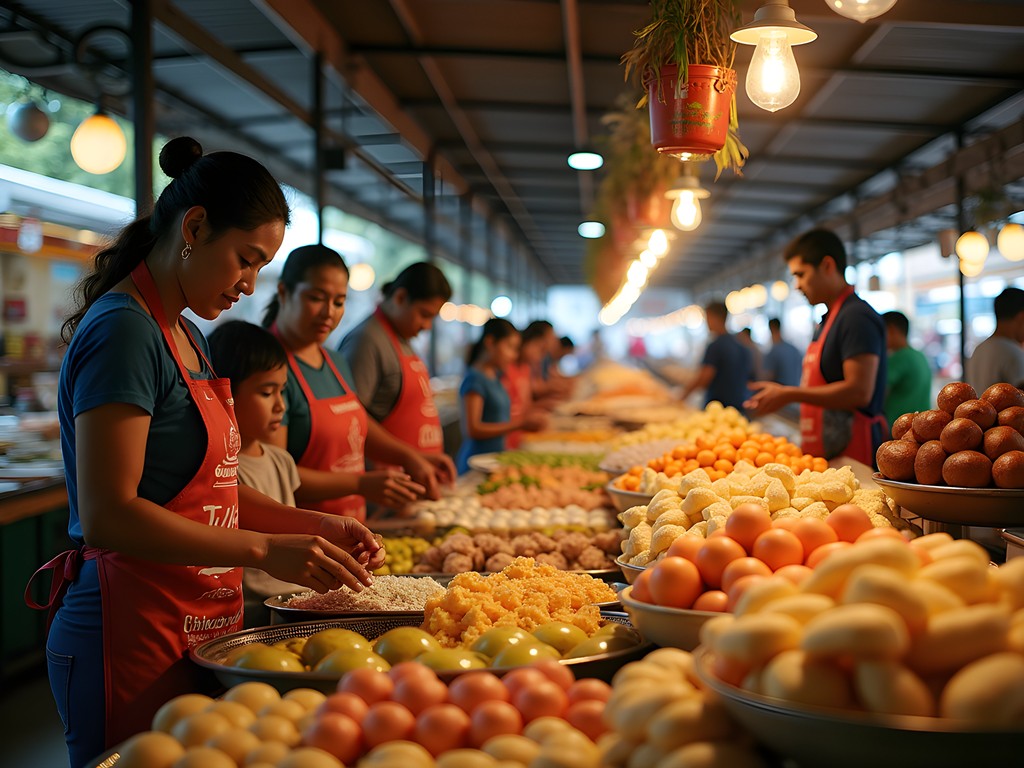 Colorful food stalls at Mercado Municipal de Lambaré with local vendors and fresh produce