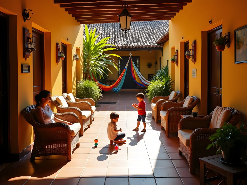 Colorful courtyard of Posada del Abuelo guesthouse in Lambaré with traditional Paraguayan decorations