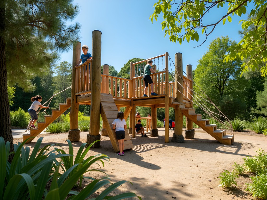 Children playing on sustainable wooden playground structures at Parque Artigas in Las Piedras