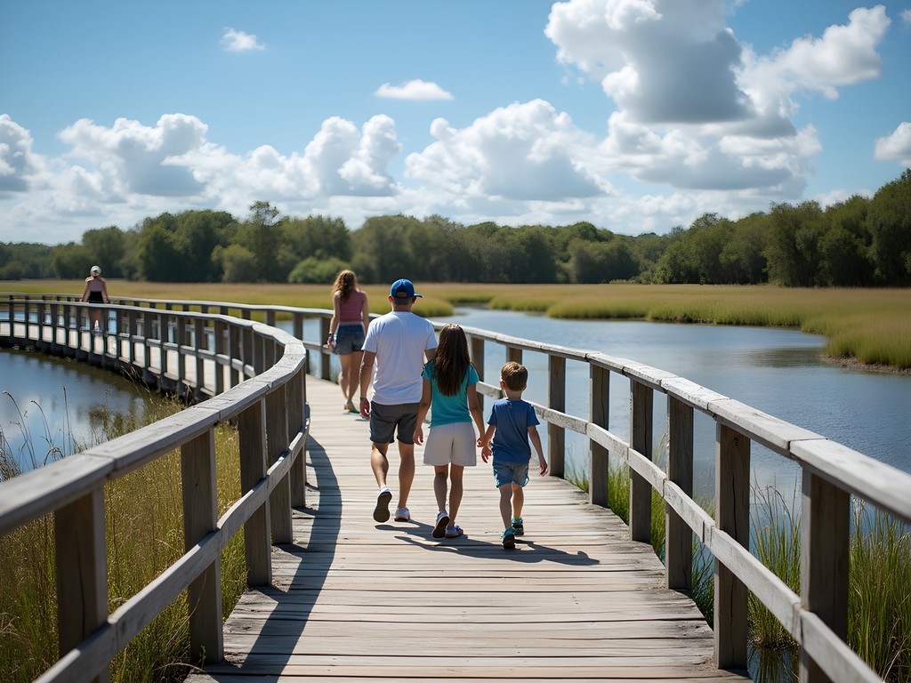 Family exploring boardwalk through Humedales de Santa Lucía wetlands near Las Piedras