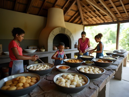 Family participating in traditional Surinamese cooking class at outdoor kitchen in Lelydorp