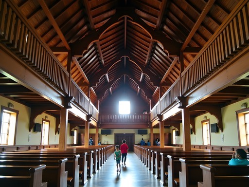 Family admiring the wooden Cathedral of Saints Peter and Paul in Paramaribo