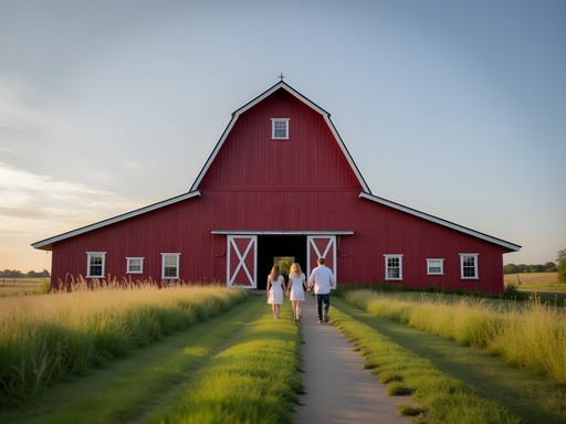 Historic red Legler Barn Museum in Lenexa Kansas with families visiting