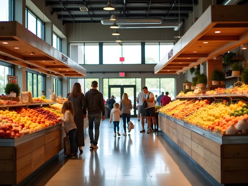 Interior of Lenexa Public Market showing vendor stalls and families shopping