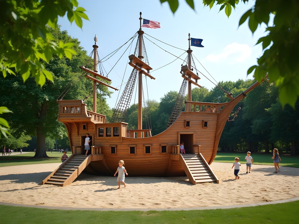 Children playing on wooden pirate ship at Diana Memorial Playground in London