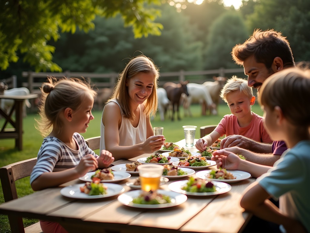 Family enjoying sustainable meal at outdoor table at Hackney City Farm in London