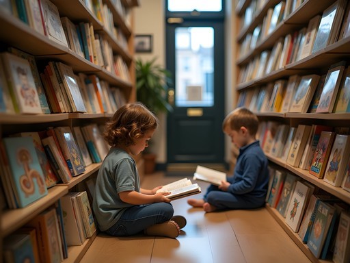 Family browsing children's books at Oxfam charity bookshop in Marylebone, London