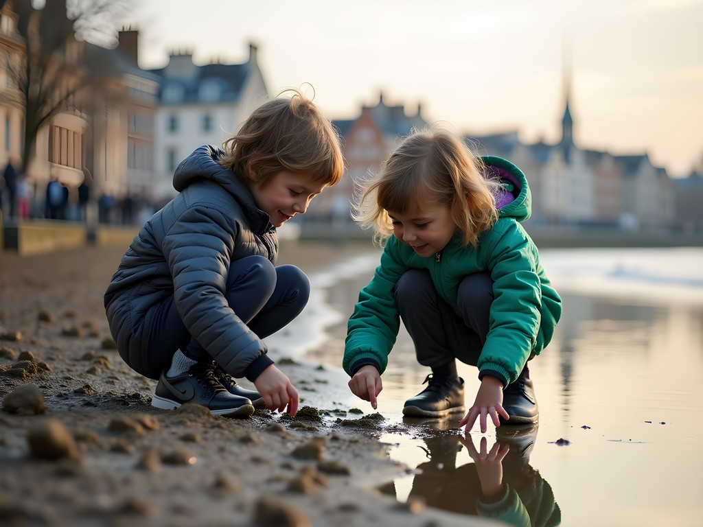 Family exploring Thames foreshore at low tide, searching for historic artifacts