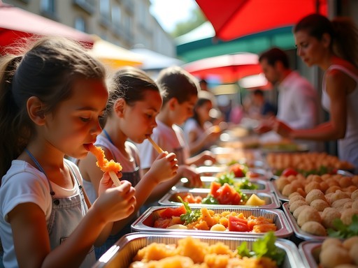 Family sampling international cuisines at colorful food stalls in Borough Market, London