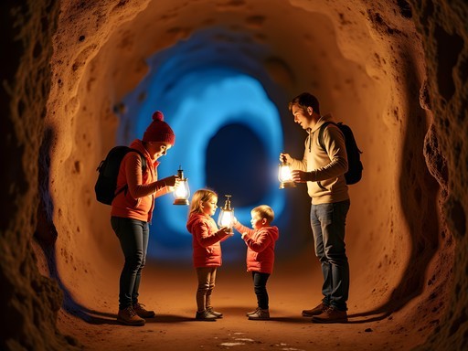 Family exploring Chislehurst Caves with handheld lamps in London's underground tunnels