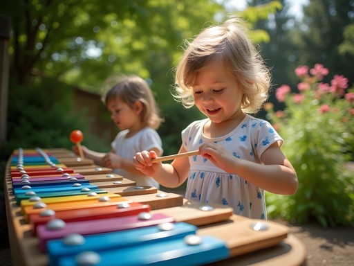 Child playing oversized outdoor instruments in Horniman Museum's Sound Garden in London
