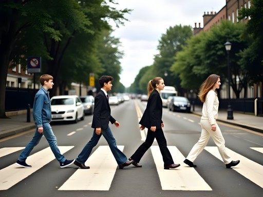 Teenagers recreating the famous Beatles Abbey Road crossing photo in London