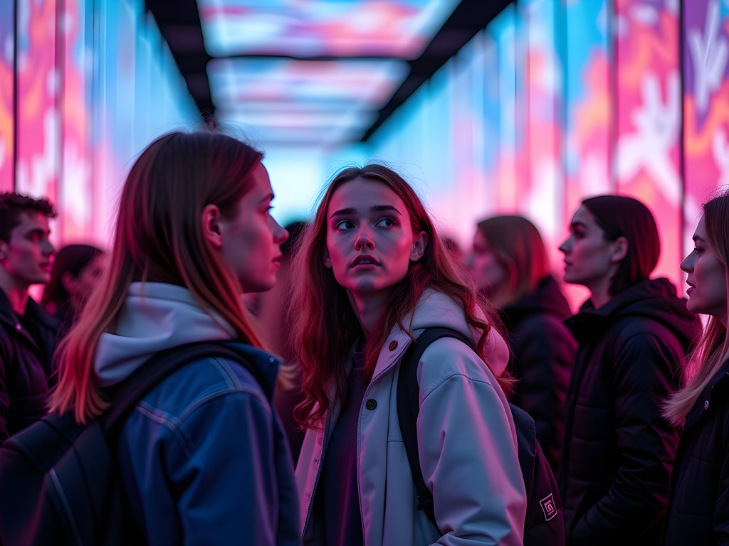 Teenagers experiencing immersive digital art installation at Outernet London