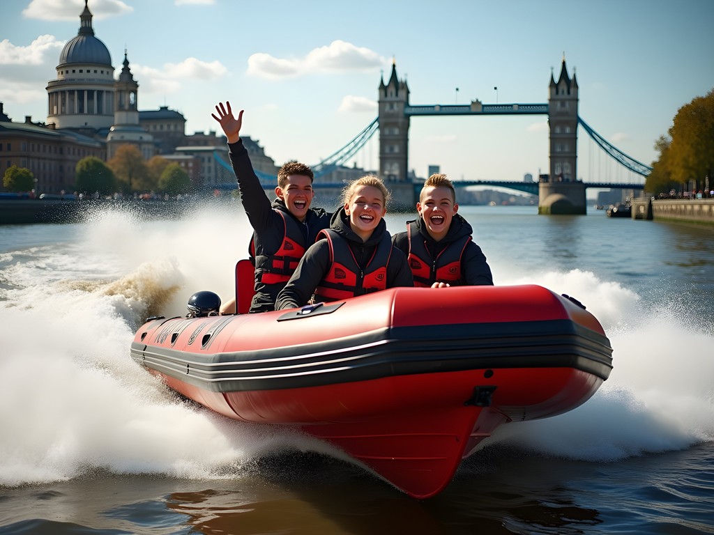 Teenagers enjoying high-speed Thames RIB Experience boat tour with London skyline