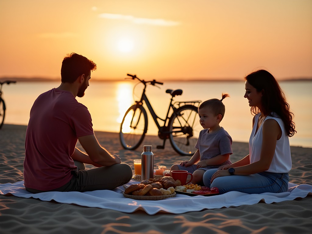 Family enjoying breakfast picnic overlooking Barnegat Bay on Long Beach Island