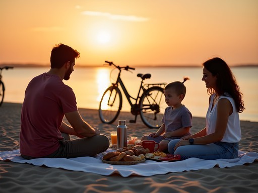 Family enjoying breakfast picnic overlooking Barnegat Bay on Long Beach Island