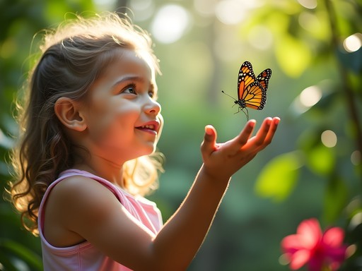 Child with butterfly at Garden of the Groves butterfly sanctuary in Lucaya