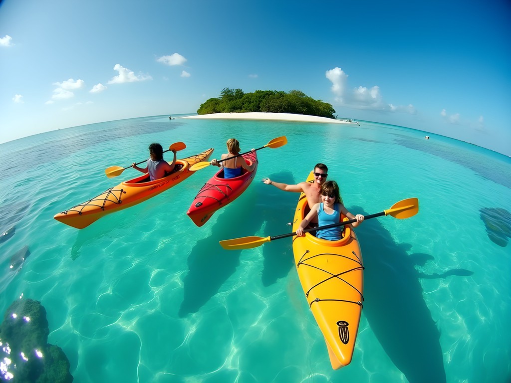 Family kayaking to Peterson Cay National Park in crystal clear Bahamian waters