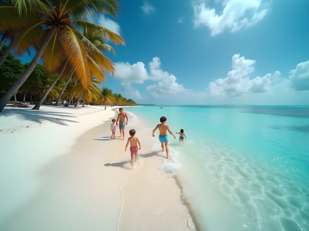 Family enjoying shallow waters and perfect sand at Taino Beach in Lucaya, Bahamas