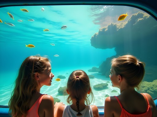 Family viewing coral reef through glass-bottom boat in Lucaya, Bahamas