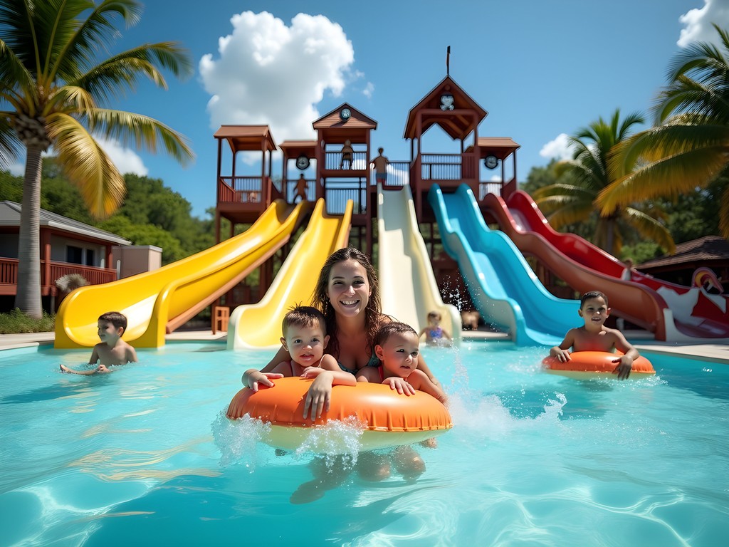 Family enjoying water slides at Pirates Cove Waterpark in Lucaya, Bahamas