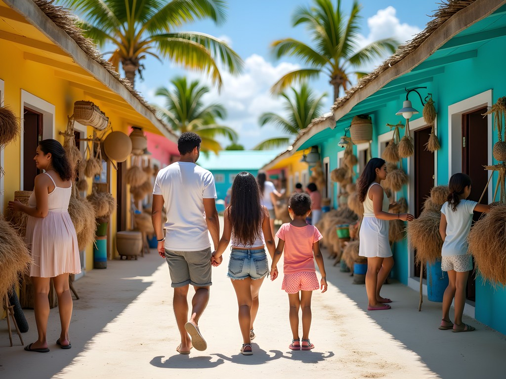 Family exploring colorful stalls at Port Lucaya Marketplace in the Bahamas
