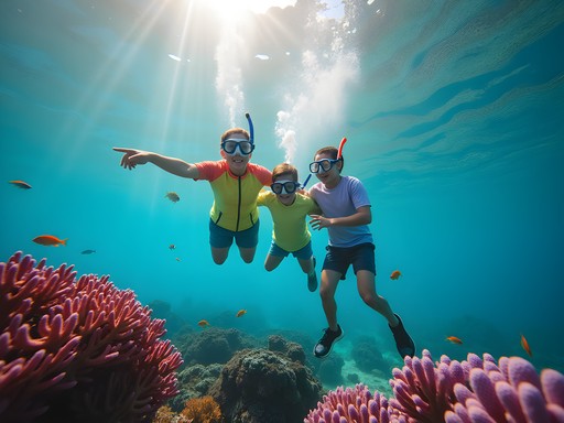 Family snorkeling over colorful coral reef in clear Maldives waters