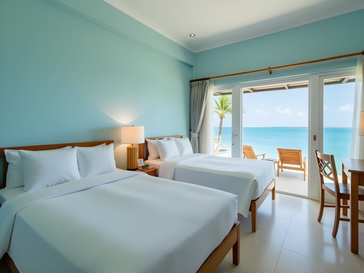 Family room in a Maafushi guesthouse showing comfortable beds and ocean view