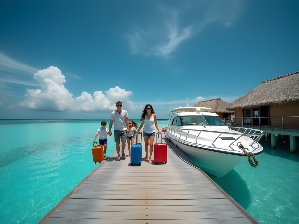 Family boarding speedboat transfer from Male airport to Maafushi Island