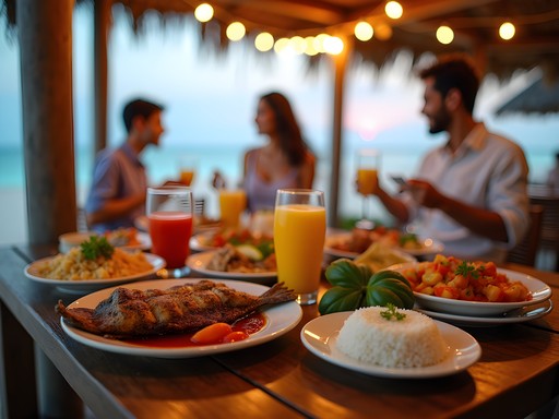 Family enjoying fresh Maldivian seafood dinner at beachfront restaurant on Maafushi
