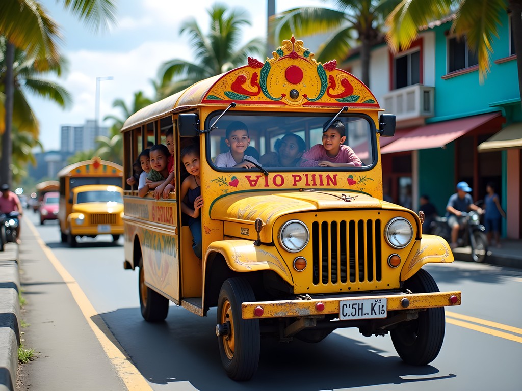 Children enjoying a colorful jeepney ride through Manila streets