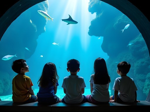 Children observing marine life in Manila Ocean Park's underwater tunnel