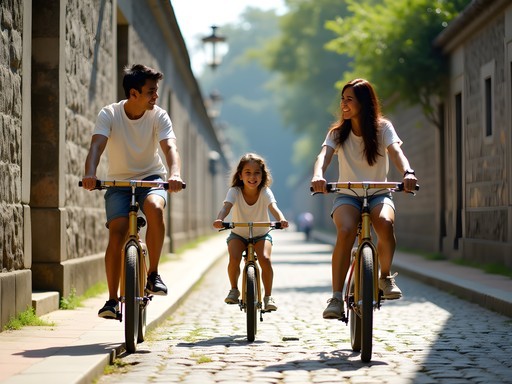 Family on bamboo bicycle tour exploring Intramuros walled city in Manila