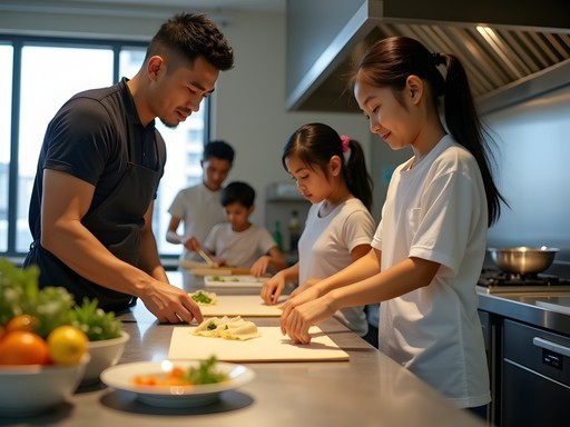 Family learning to make lumpia spring rolls in Manila cooking class