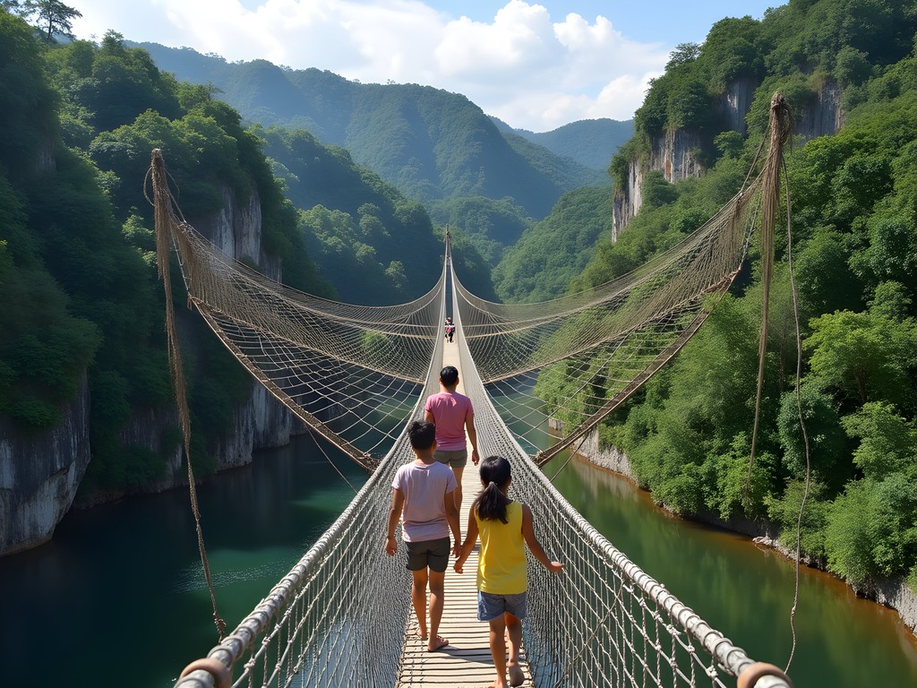 Family crossing rope bridge at Masungi Georeserve near Manila