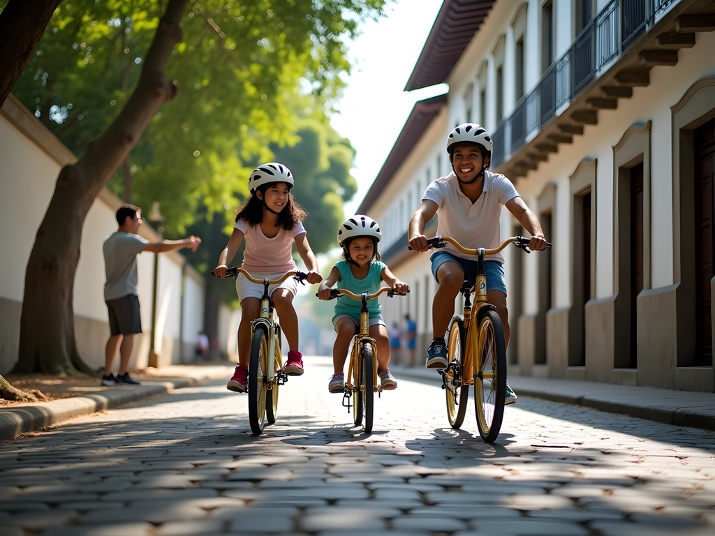 Family enjoying bamboo bike tour through historic streets of Intramuros, Manila