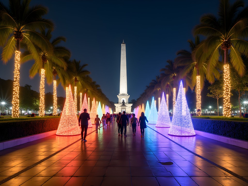 Festive Christmas lights display at Rizal Park in Manila with families enjoying evening activities