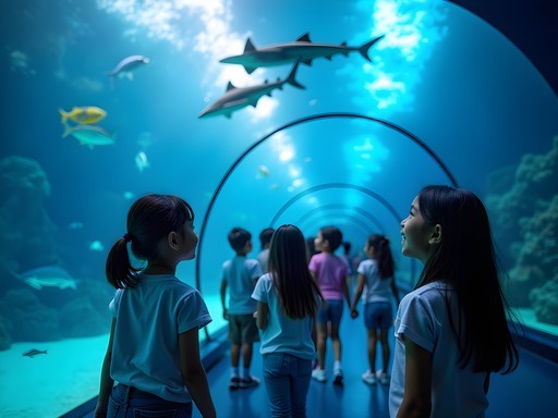 Children marveling at marine life in Manila Ocean Park's underwater tunnel