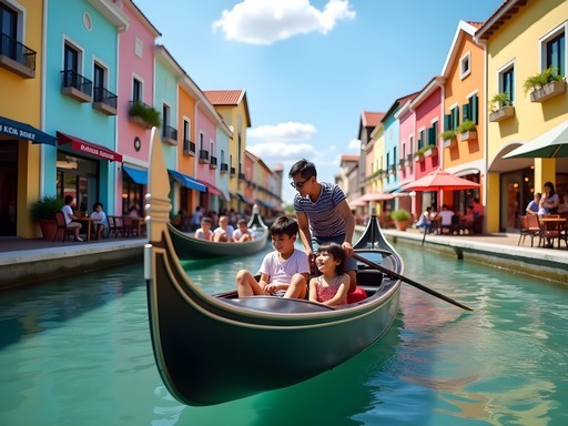 Family enjoying gondola ride at Venice Grand Canal Mall in Manila with colorful buildings