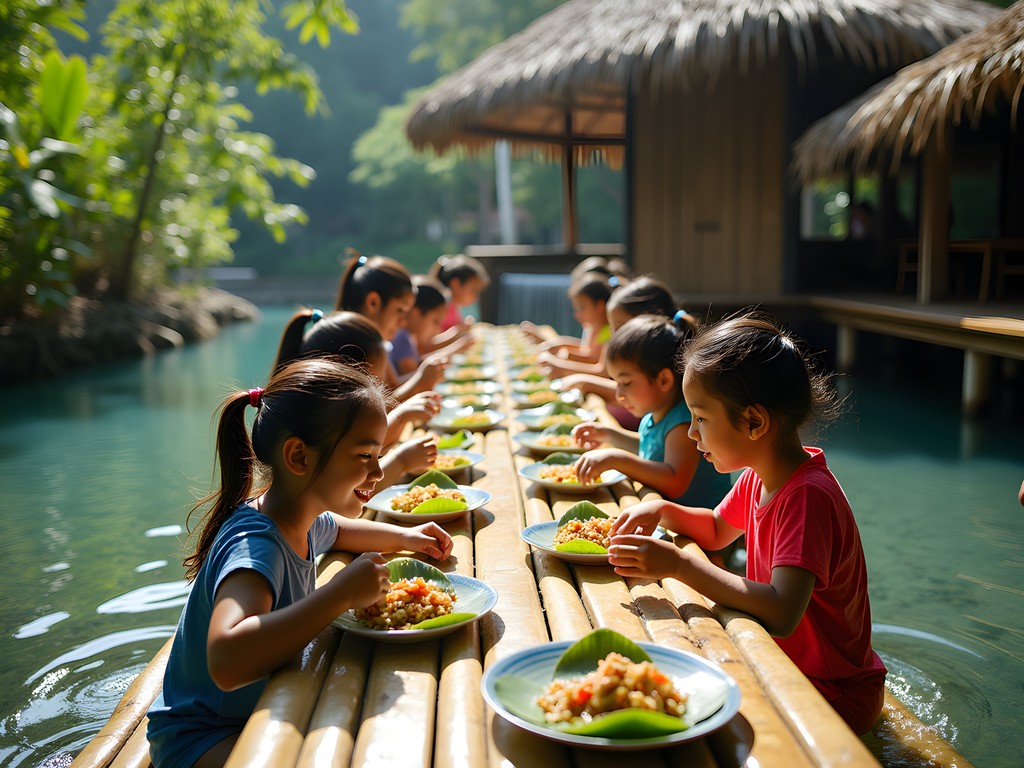 Family dining experience at Labasin Waterfall Restaurant in Villa Escudero with feet in running water