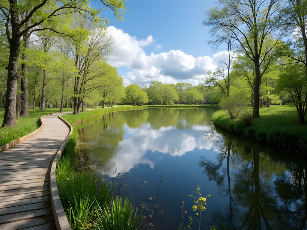 Scenic trail around Bonita Lakes Park in Meridian with spring foliage and lake views
