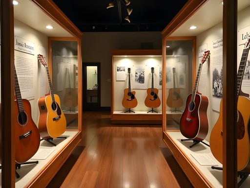 Historic guitar display at Jimmie Rodgers Museum in Meridian Mississippi showing the Father of Country Music's instruments