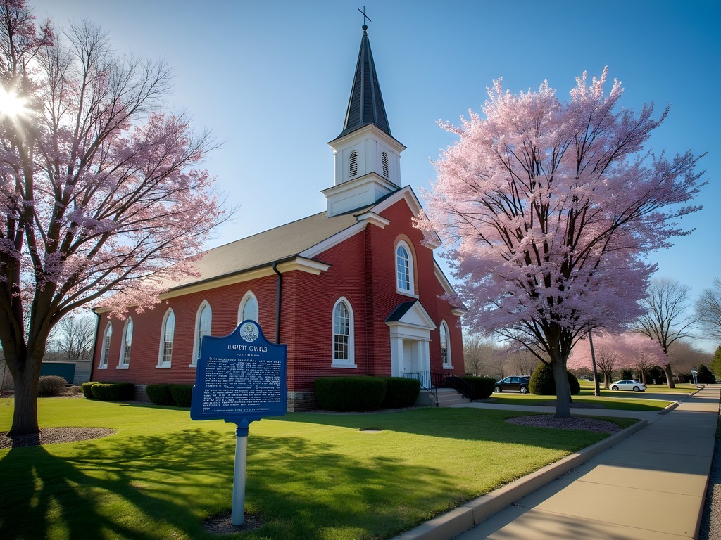 Historic church on Meridian Civil Rights Trail with interpretive signage and spring flowering trees