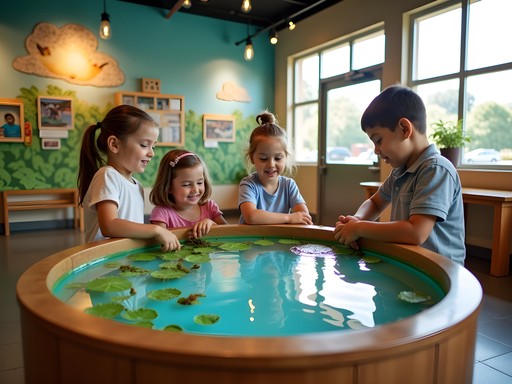 Interactive wetland exhibit at Mississippi Children's Museum Meridian with children learning about ecosystems