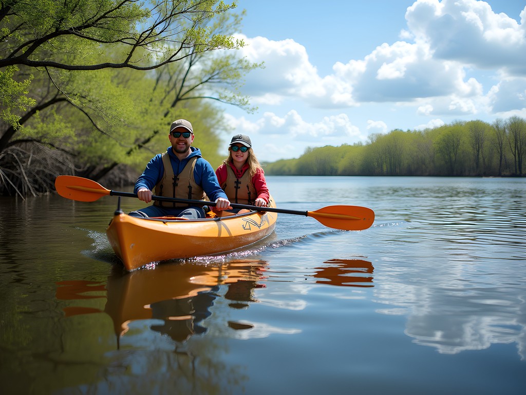 Family kayaking on Okatibbee Lake near Meridian Mississippi with spring foliage and wildlife viewing