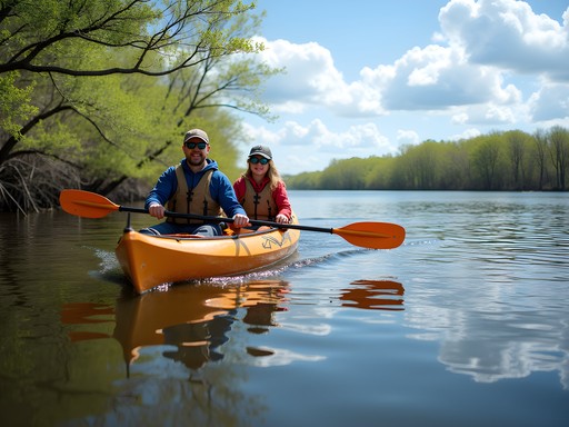 Family kayaking on Okatibbee Lake near Meridian Mississippi with spring foliage and wildlife viewing