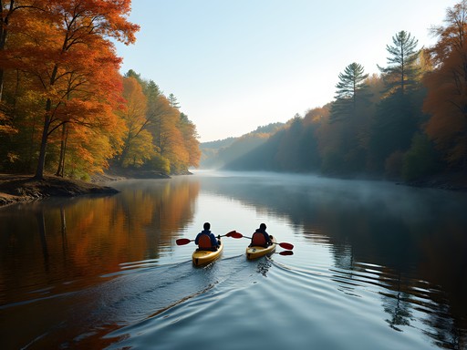 Kayakers paddling on calm Merrimack River surrounded by autumn foliage in New Hampshire